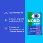 infografika z opakowaniem NOKO TRIO, która przedstawia na co stosować te krople do oczu