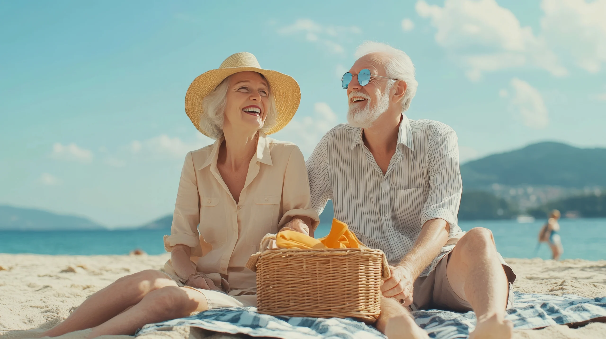 Para szczęśliwych seniorów siedzi na plaży nad morzem. Kobieta w kapeluszu, a mężczyzna w okularach przeciwsłonecznych, chroniąc oczy latem.