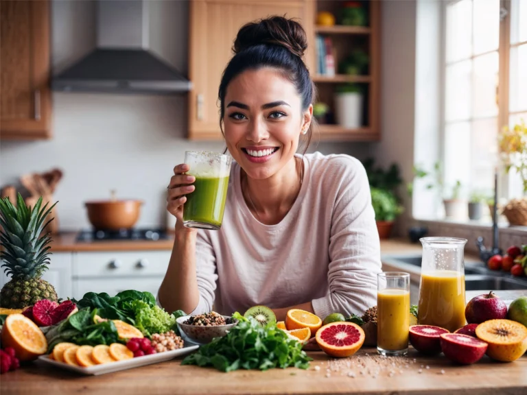 Młoda uśmiechnięta kobieta stosująca dietę dobrą dla oczu, pije zielone smoothie z warzyw i owoców, opierając się o blat w kuchni.